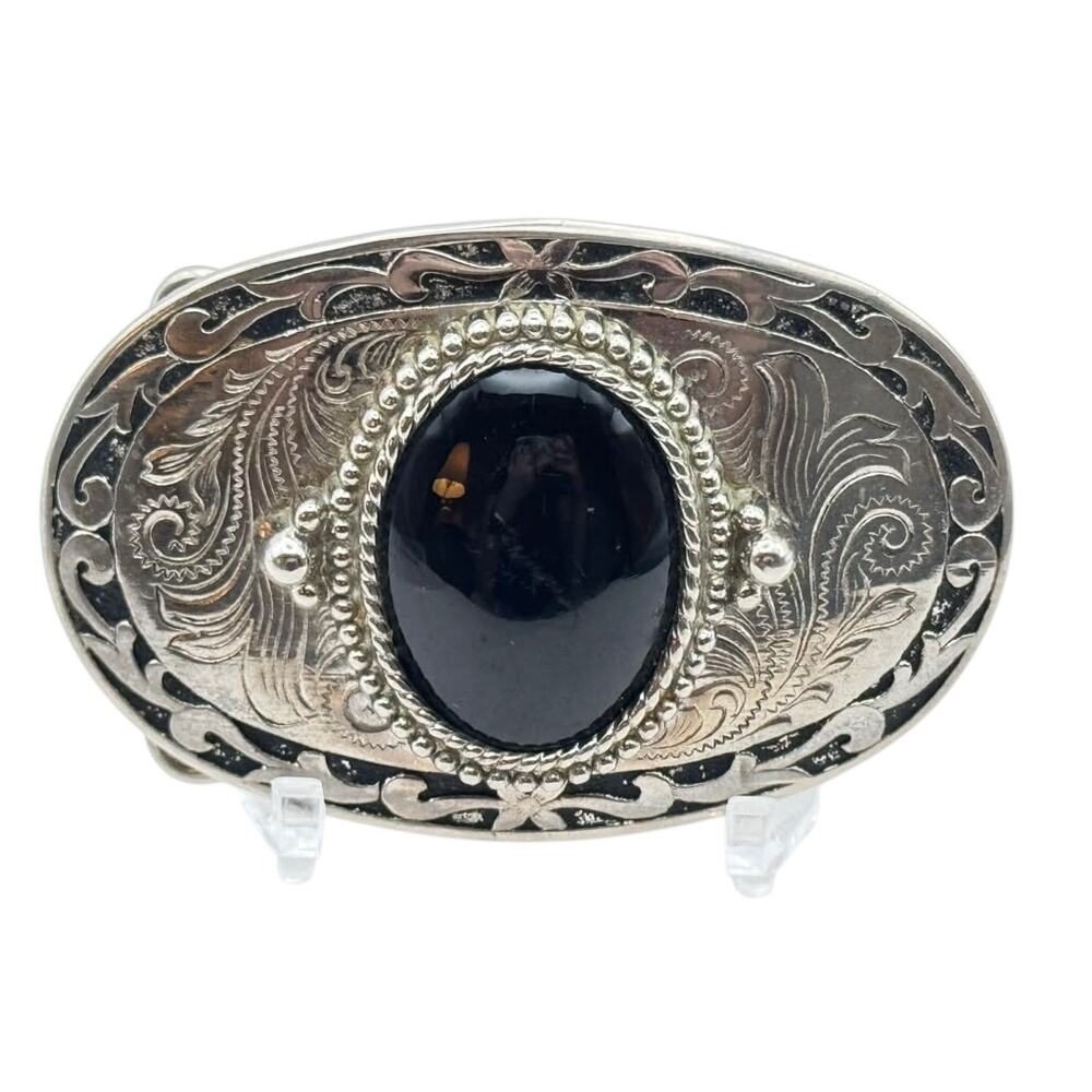 Black Stone Ornate Oval Western Belt Buckle